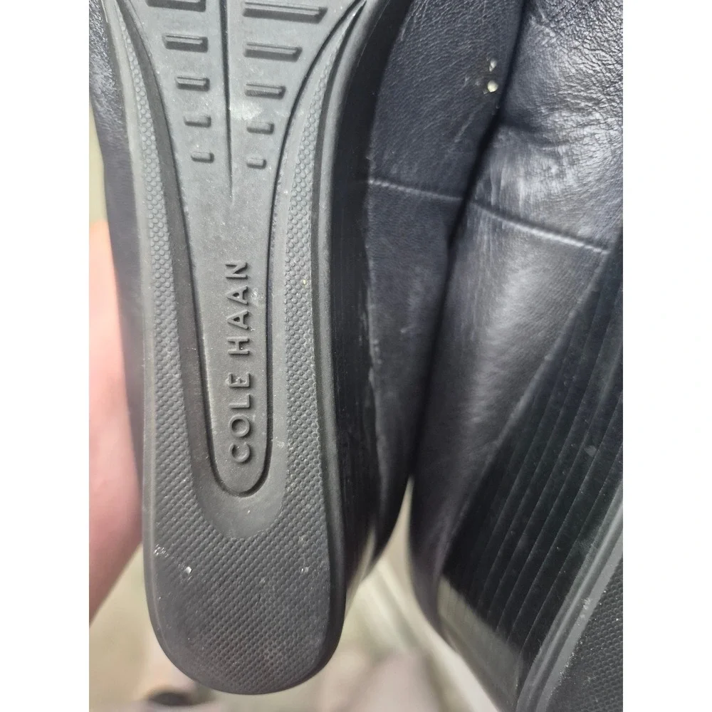 Cole Haan Grand.OS Women Black Leather Quilted Wedge Pumps Bow Detail Round Toe